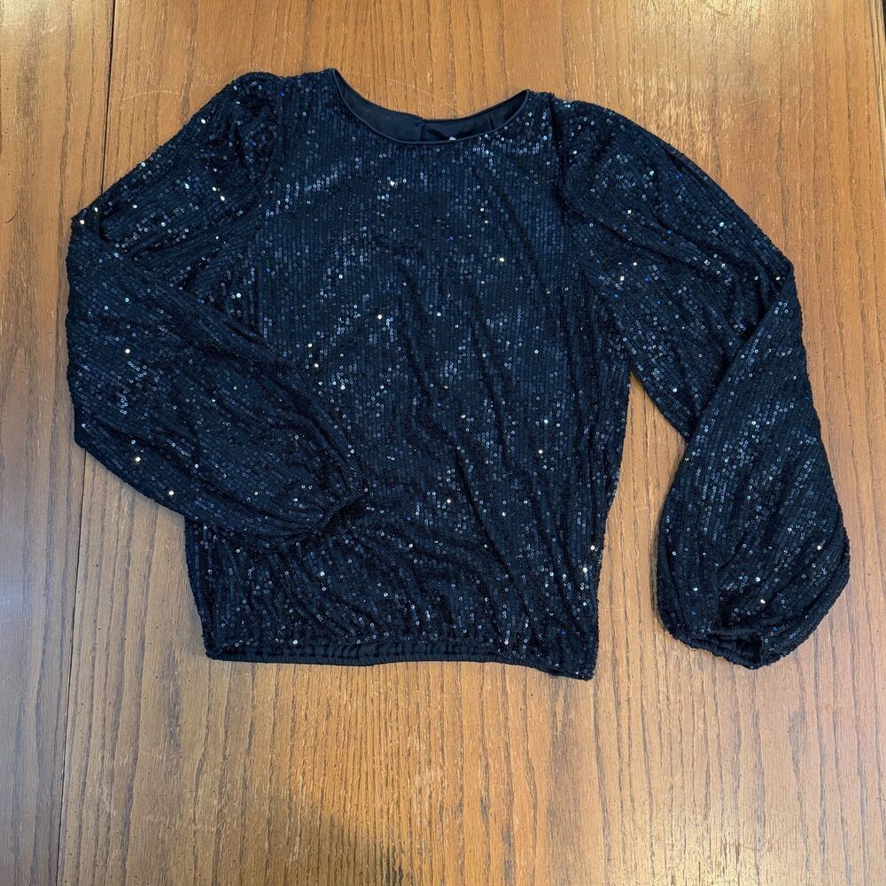 Flat White Womens SP Black Sequin Blouse Puff Sleeve Holiday Party Top
